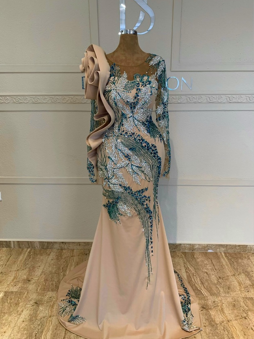 Custom Made Evening Embellished Long Sleeve Dress in Taupe with Teal Accents
